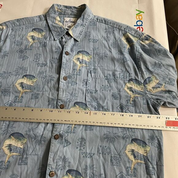 Guy Harvey AFTCO Shirt Mahi Tapa Hawaiian Fish Print Button Up Woven Camp Sz L - Picture 5 of 7